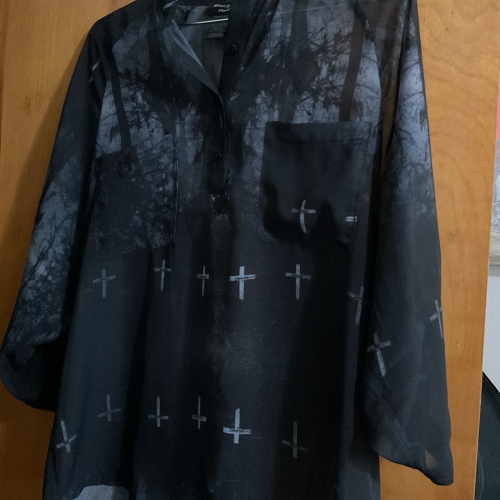 Black Graphic Graveyard Sheer Top HOT TOPIC